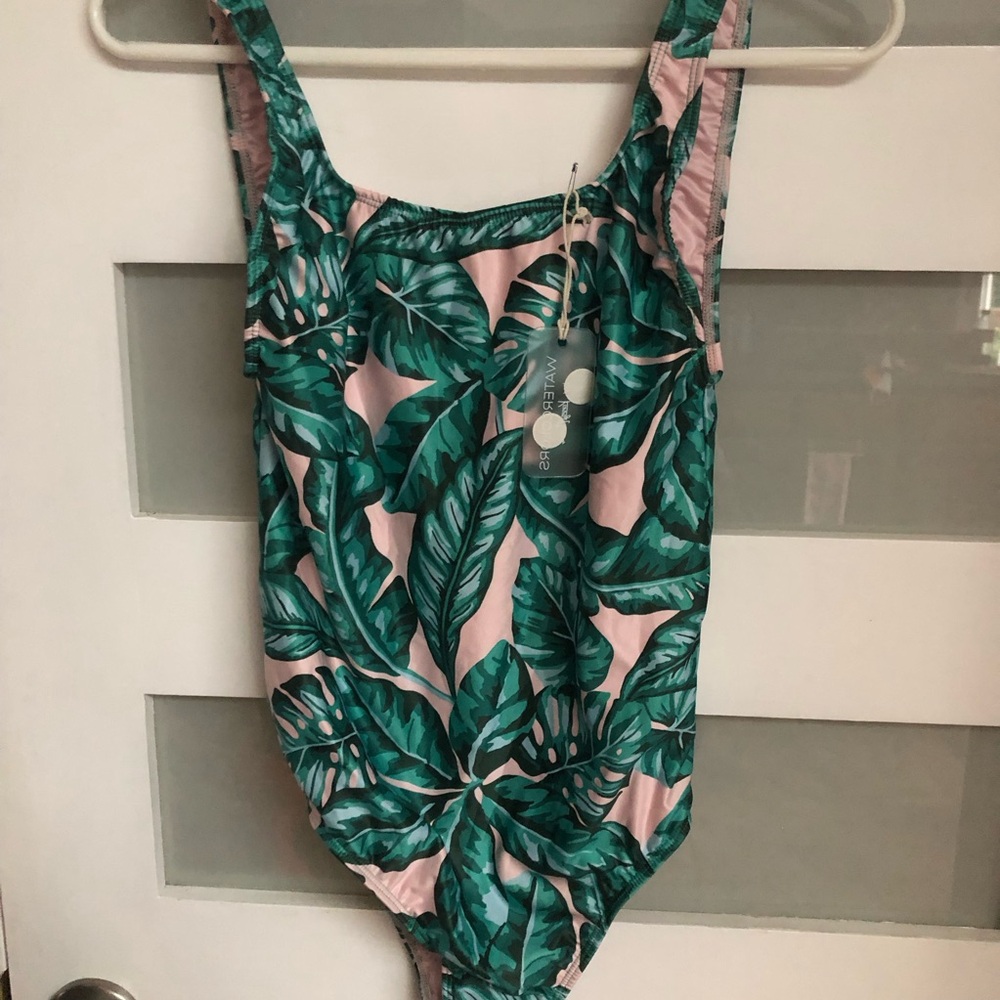 NWT Kenny Flowers Fronds with Benefits Tropical Leaf One-Piece Pink & Green M/L